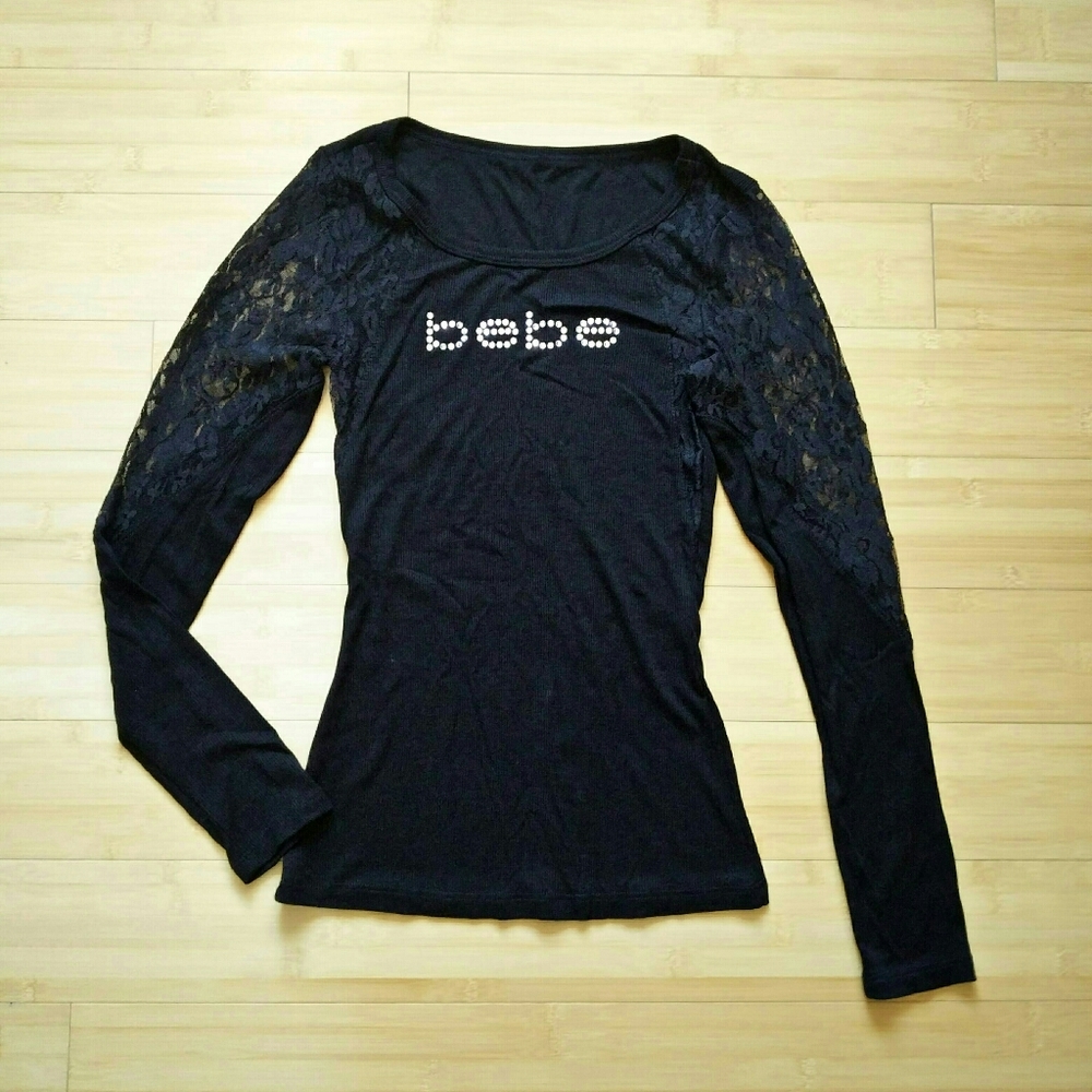 Bebe Ribbed & Floral Lace Swarovski Logo Top
